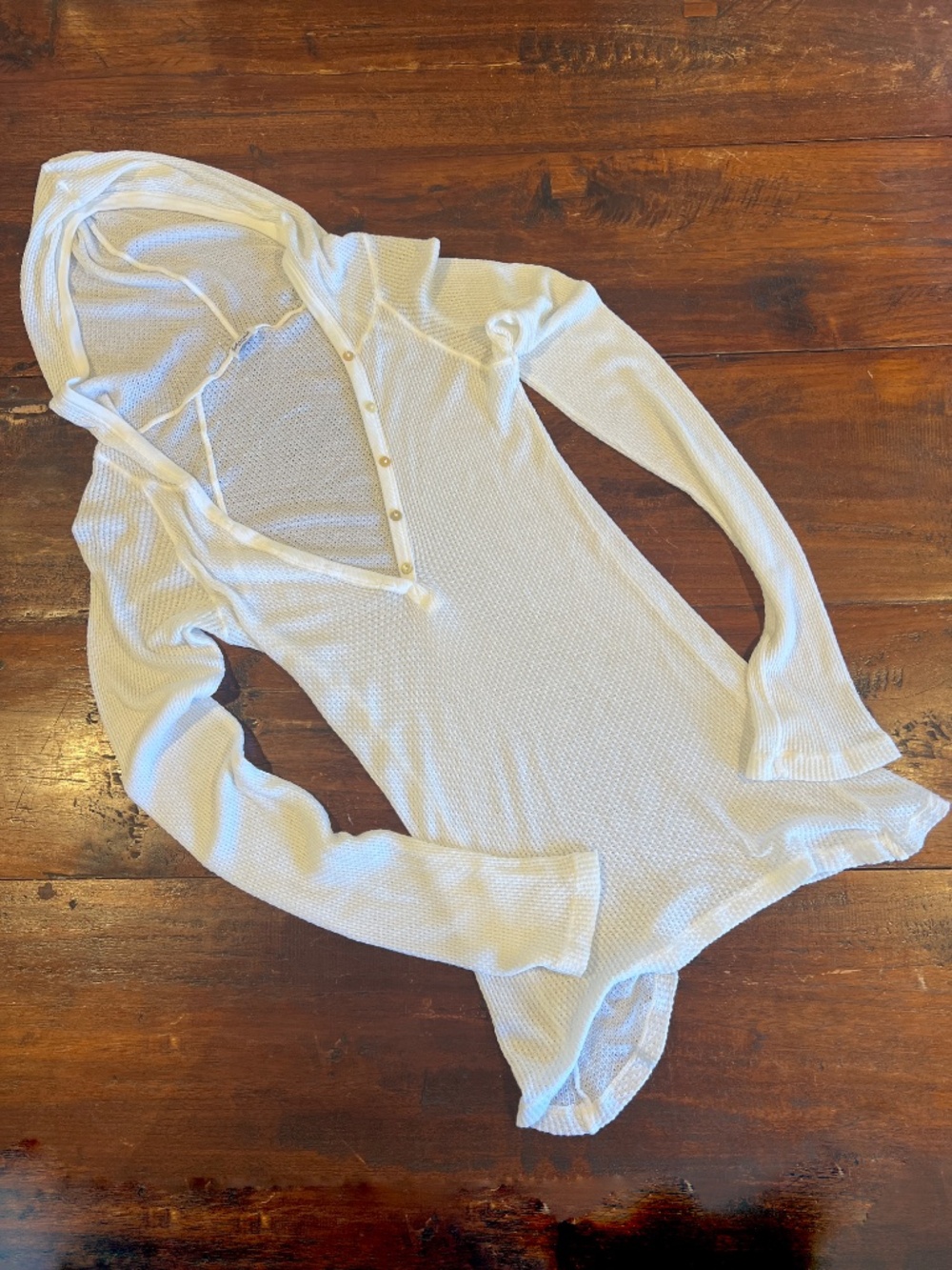 Splendid White Waffle Knit Hooded Henley Long Sleeve Tee Shirt S
